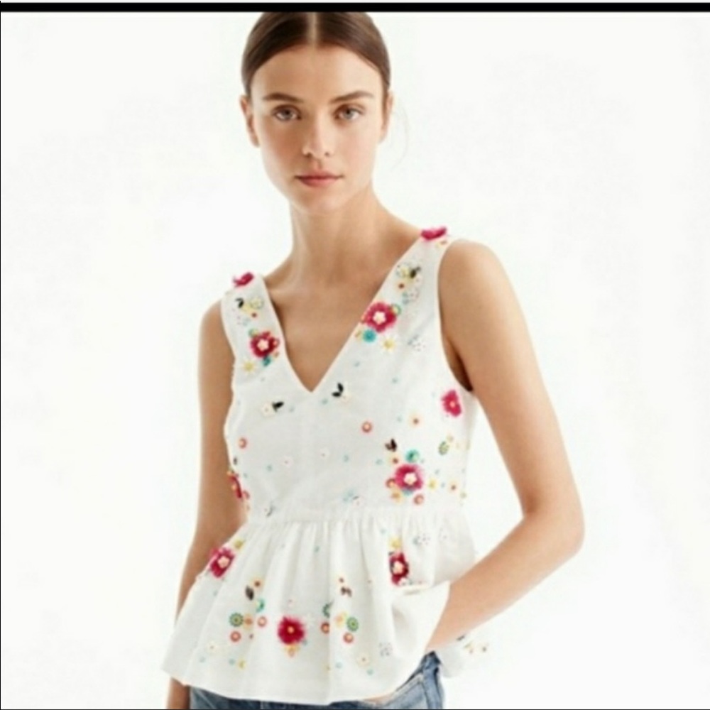 J. Crew White Linen Cotton Hand-Embellished Sleeveless Sequin Peplum Top 0P